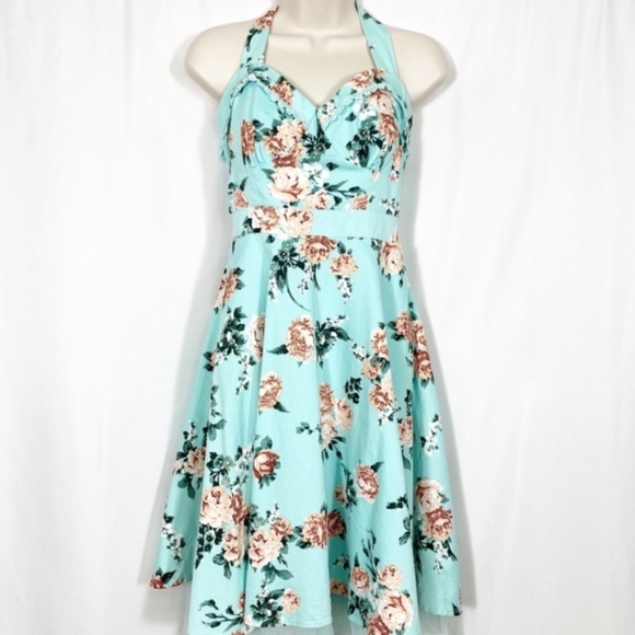 NEW Hot Topic Mint Floral Halter Rockabilly Retro Swing Crinoline Dress Size XL - Picture 4 of 15